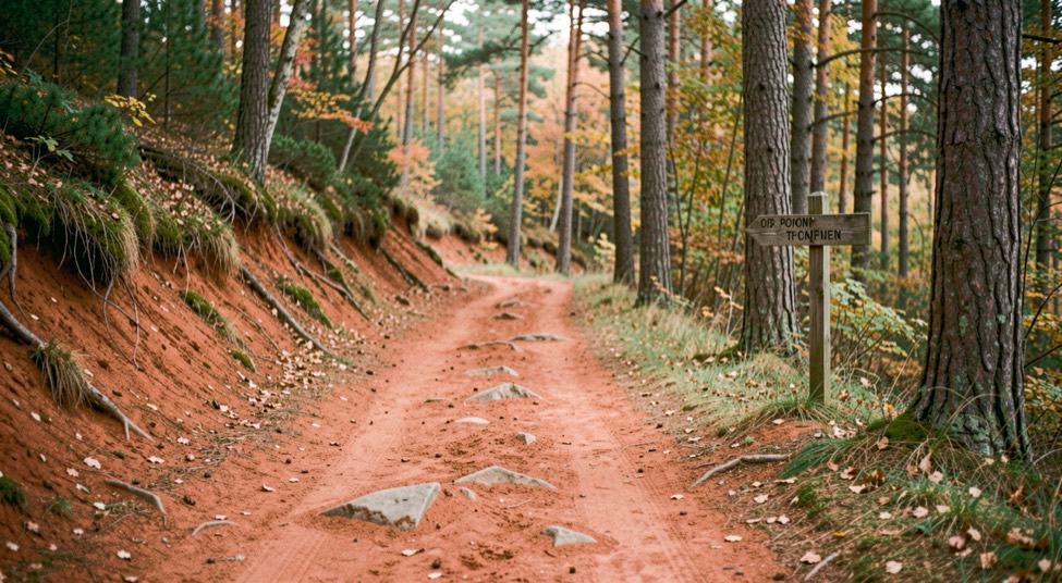 Schmaler Waldweg über rotem Sandsteinboden an einem bewaldeten Hang mit hölzernem Wegweiser im weichen Herbstlicht